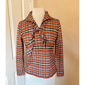 60s 70s Vintage Country Miss Plaid Blouse Sash Orange Sz 10
